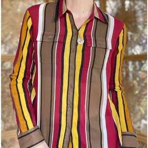 Jones New York Signature Petites Striped Button Up Shirt Red Mustard Brown M